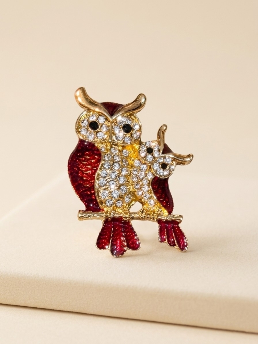 Owl Mama & Baby Rhinestone Brooch